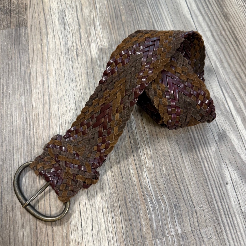American Eagle Braided Leather Belt Brown Burgundy Chevron Woven Wide L/XL Boho